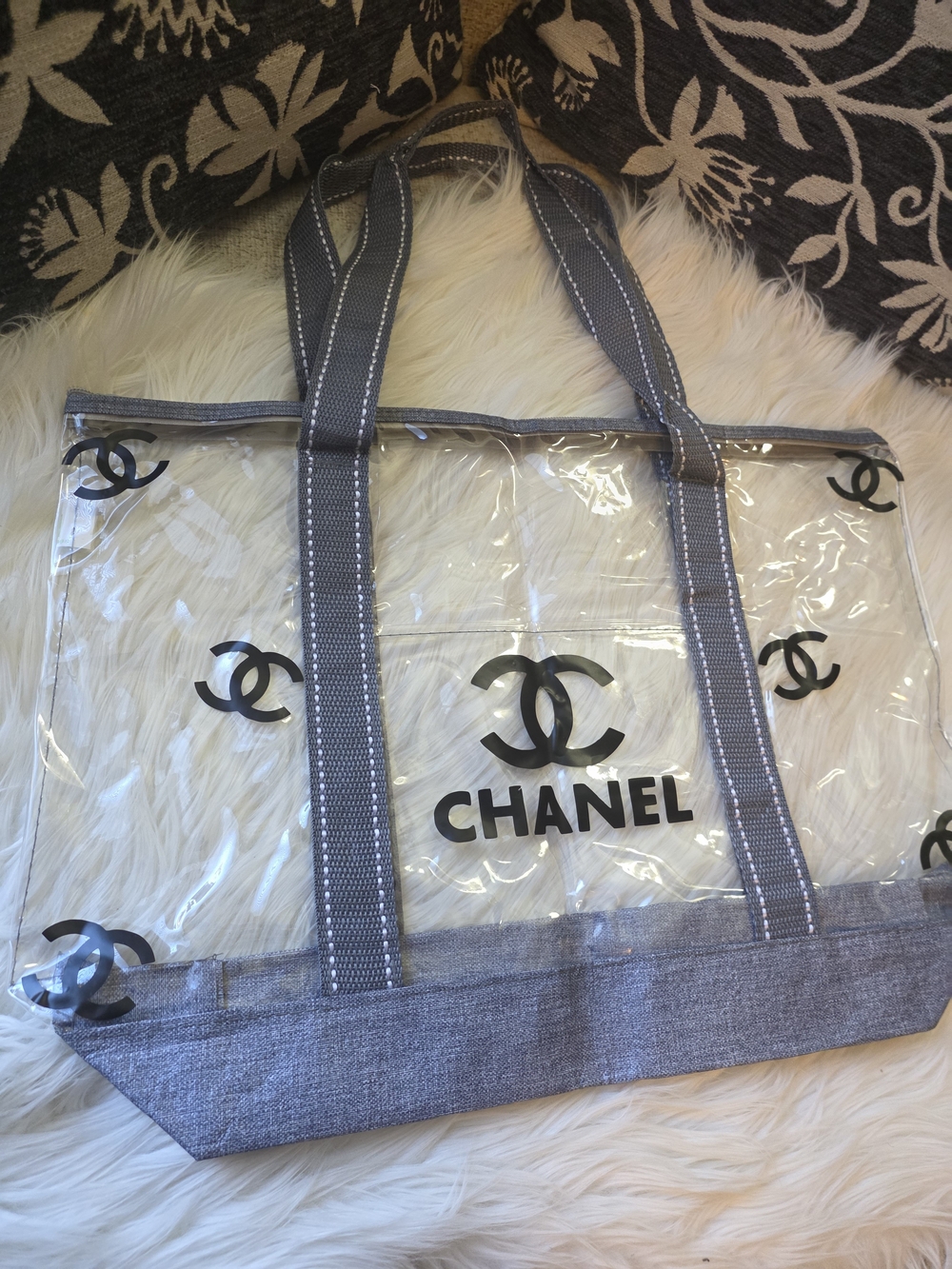 Clear Transparent Tote Bag with Gray Trim